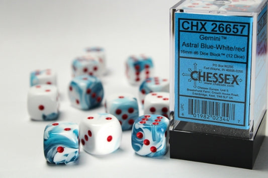 Chessex Dice Set: Gemini Astral Blue-White/red 16mm d6 Dice Block (12 dice) : CHX26657