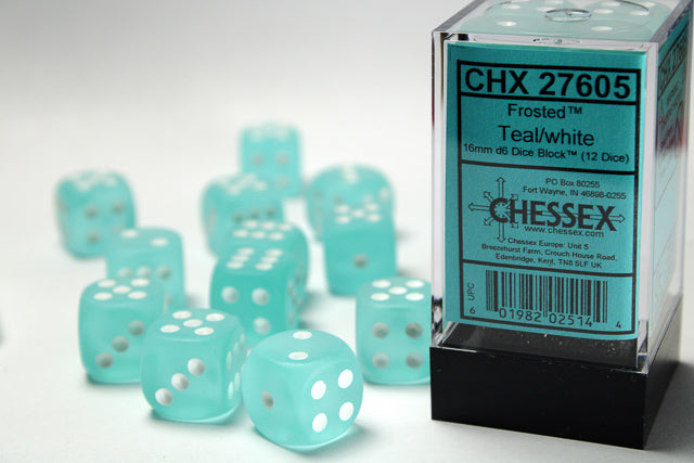 Chessex Dice Set: Frosted Teal/white 16mm d6 Dice Block (12 dice) : CHX27605
