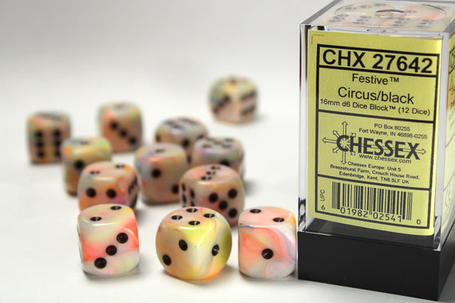 Chessex Dice Set: Festive® Circus™/black 16mm d6 Dice Block™ (12 dice) : CHX27642