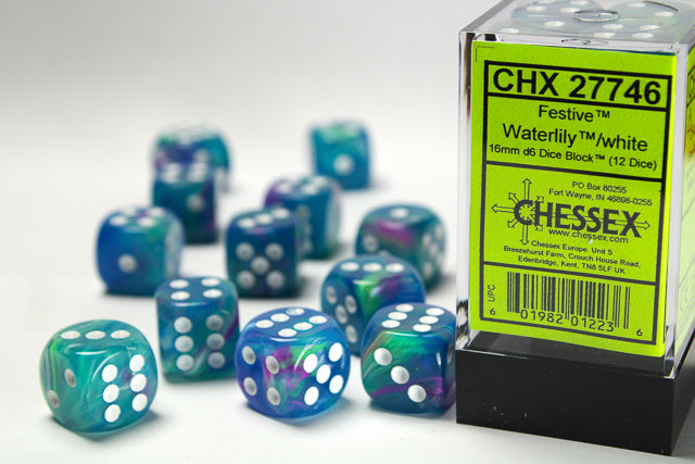 Chessex Dice Set: Festive Waterlily/white 16mm d6 Dice Block (12 dice) : CHX27746