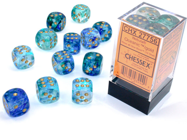 Chessex Dice Set: Nebula® Oceanic™/gold Luminary™ 16mm d6 Dice Block™ (12 dice) : CHX27756