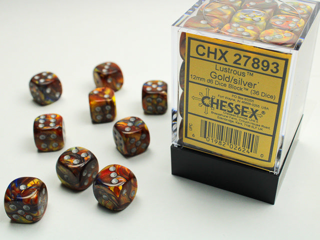 Chessex Dice Set: Lustrous Gold/silver 12mm d6 Dice Block (36 dice) : CHX27893
