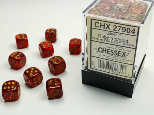 Chessex Dice Set: Glitter Ruby/gold 12mm d6 Dice Block (36 dice) : CHX27904