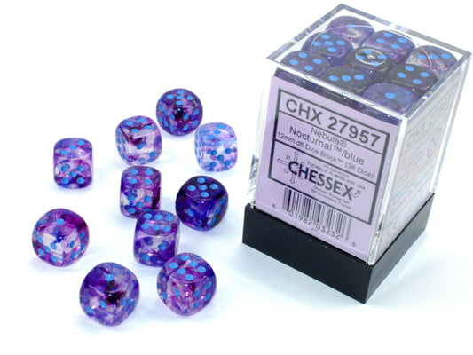 Chessex Dice Set: Nebula Nocturnal/blue Luminary 12mm d6 Dice Block (36 dice) : CHX27957