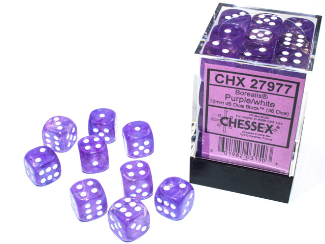 Chessex Dice Set:Borealis Purple/white Luminary 12mm d6 Dice Block (36 dice) CHX27977