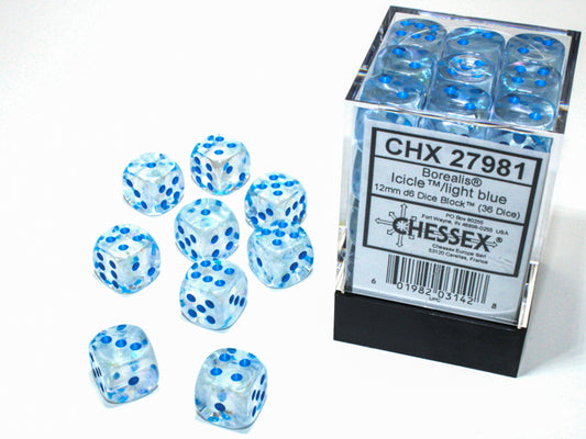 Chessex Dice Set: Borealis Icicle/light blue Luminary 12mm d6 Dice Block (36 dice) : CHX27981