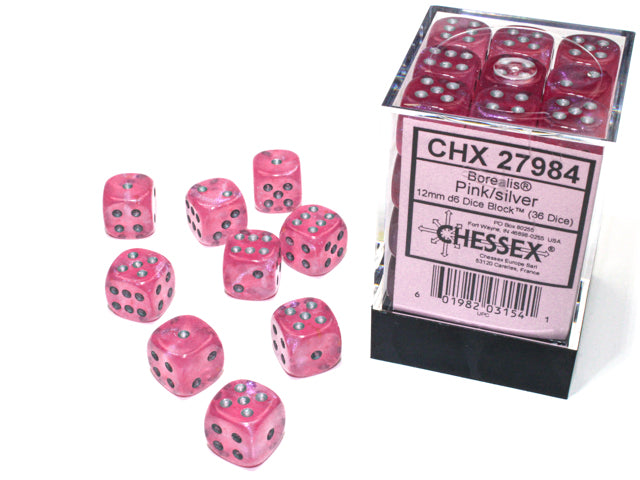 Chessex Dice Set: Borealis® Pink/silver Luminary™ 12mm d6 Dice Block (36 dice): CHX27984