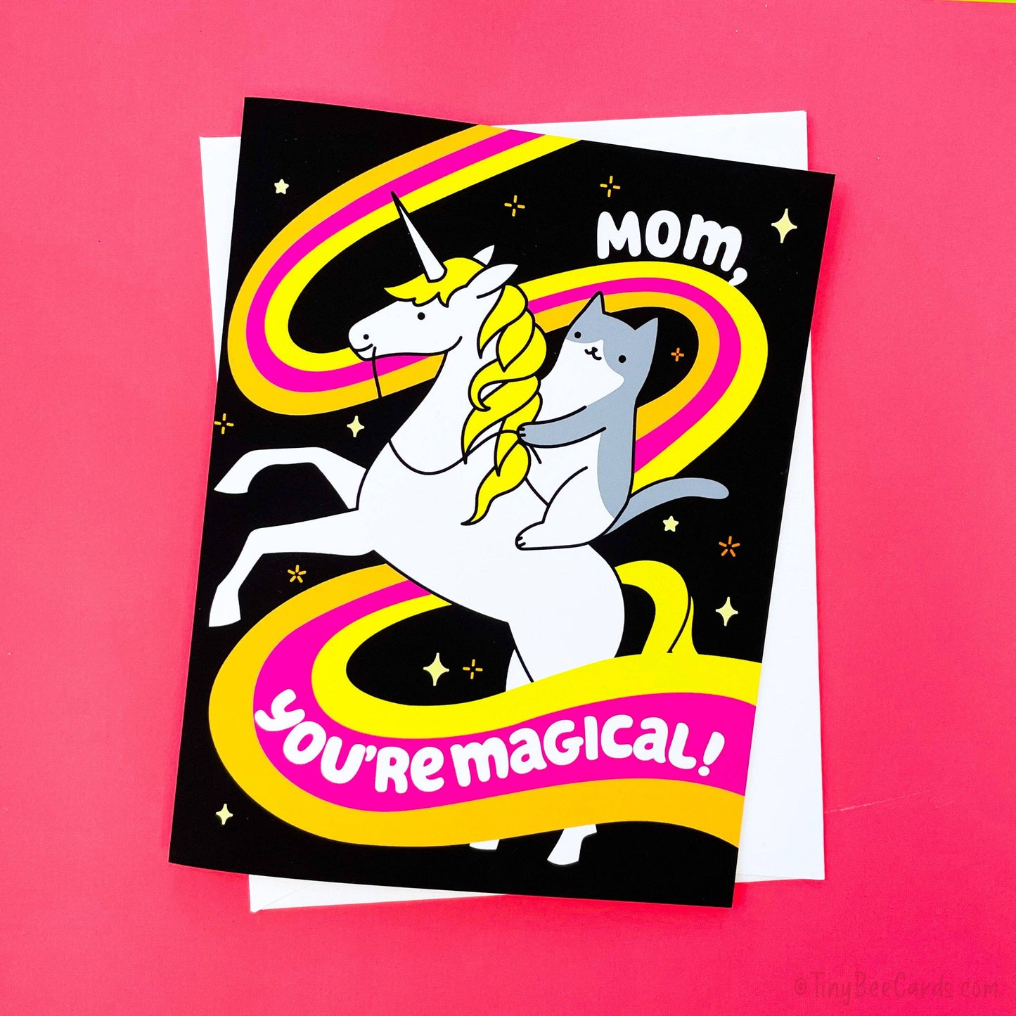 Mother's Day Card Cat Riding Unicorn "Mom, You're Magical"