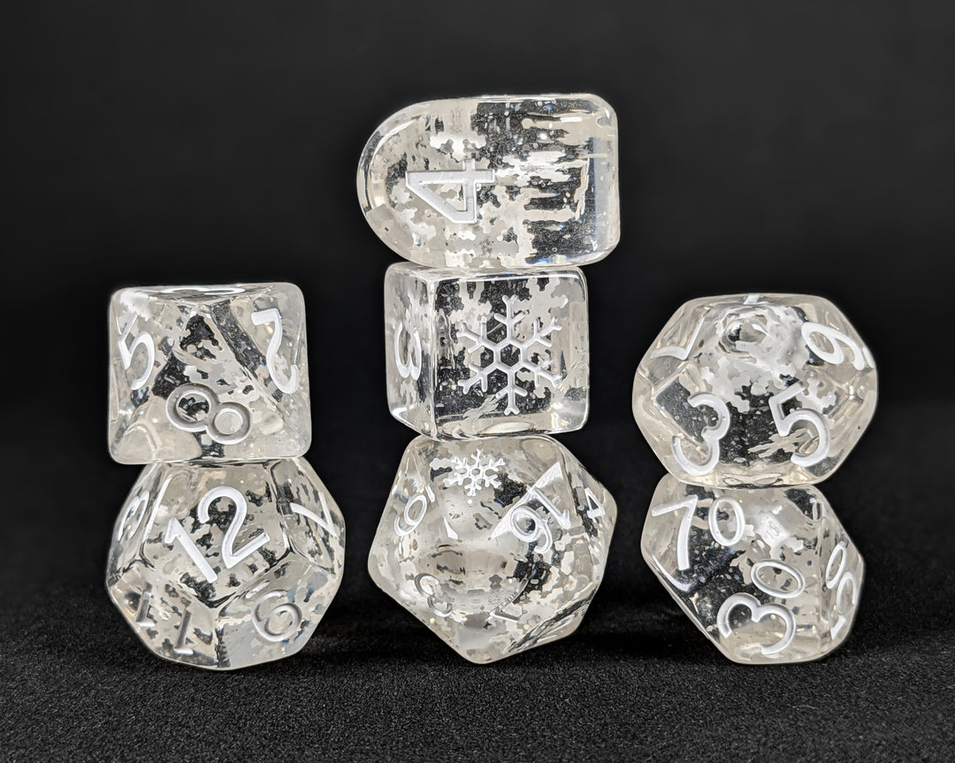 Diffusionª Holi-Dice - Falling Snow - Set of 7 Dice w/ symbols on d6 & d20