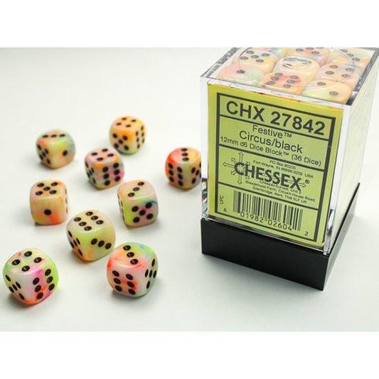 Chessex Dice Set: Festive Circus/black 12mm d6 Dice Block (36 dice) : CHX27842