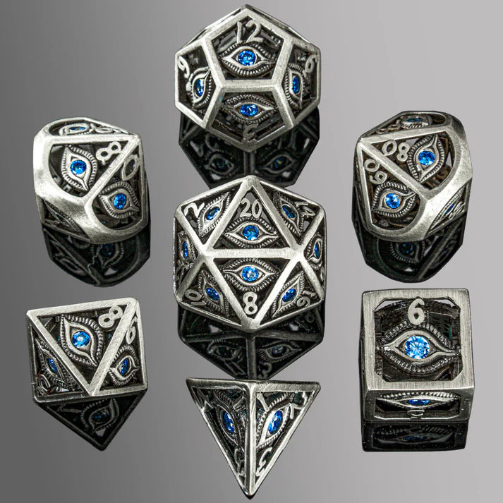Dragon's Eye Hollow Metal Dice Set - Aqua Blue Gems