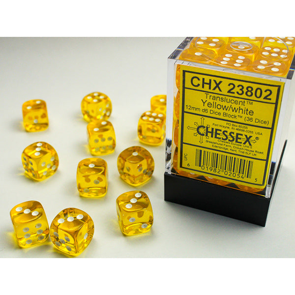 Chessex Dice Set: Translucent: Yellow/White 12mm d6 Dice Block (36 dice) : CHX23802