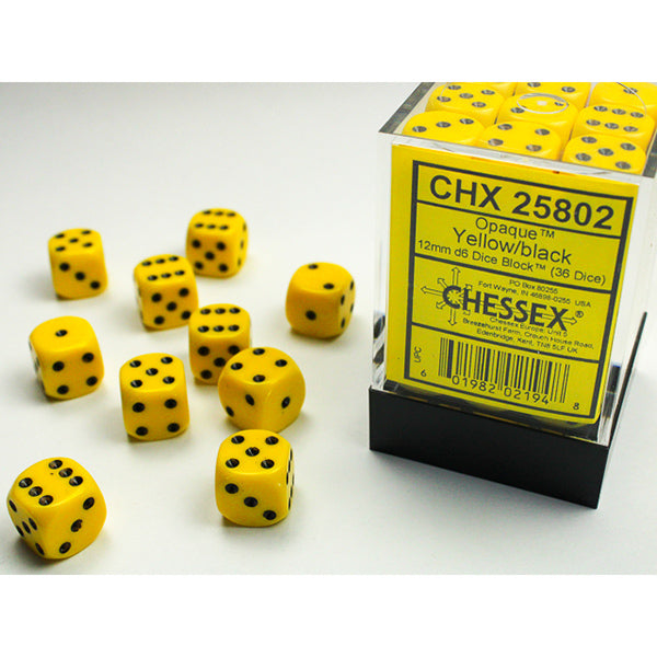 Chessex Dice Set: Opaque: Yellow/Black 12mm d6 (36 Dice):CHX25802