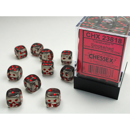 Chessex Dice Set: Translucent: Smoke/Red 12mm d6 Dice Block (36 dice) : CHX23818