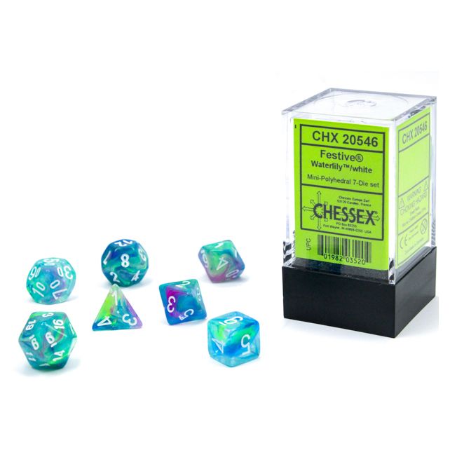 Chessex Dice Set: Festive® Mini-hedral™ Waterlily™/white 7-Die set - CHX20546