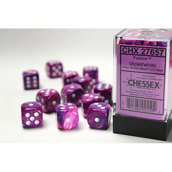 Chessex Dice Set: Festive® Violet/white 16mm d6 Dice Block (12 dice) : CHX27657