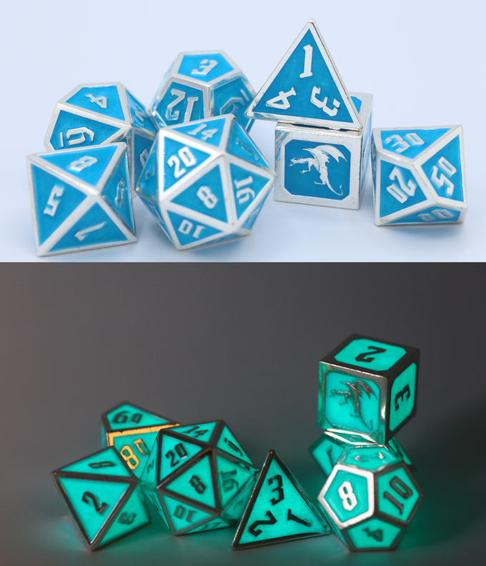 Solid Metal Draconis Dice set - Glow In the Dark Blue