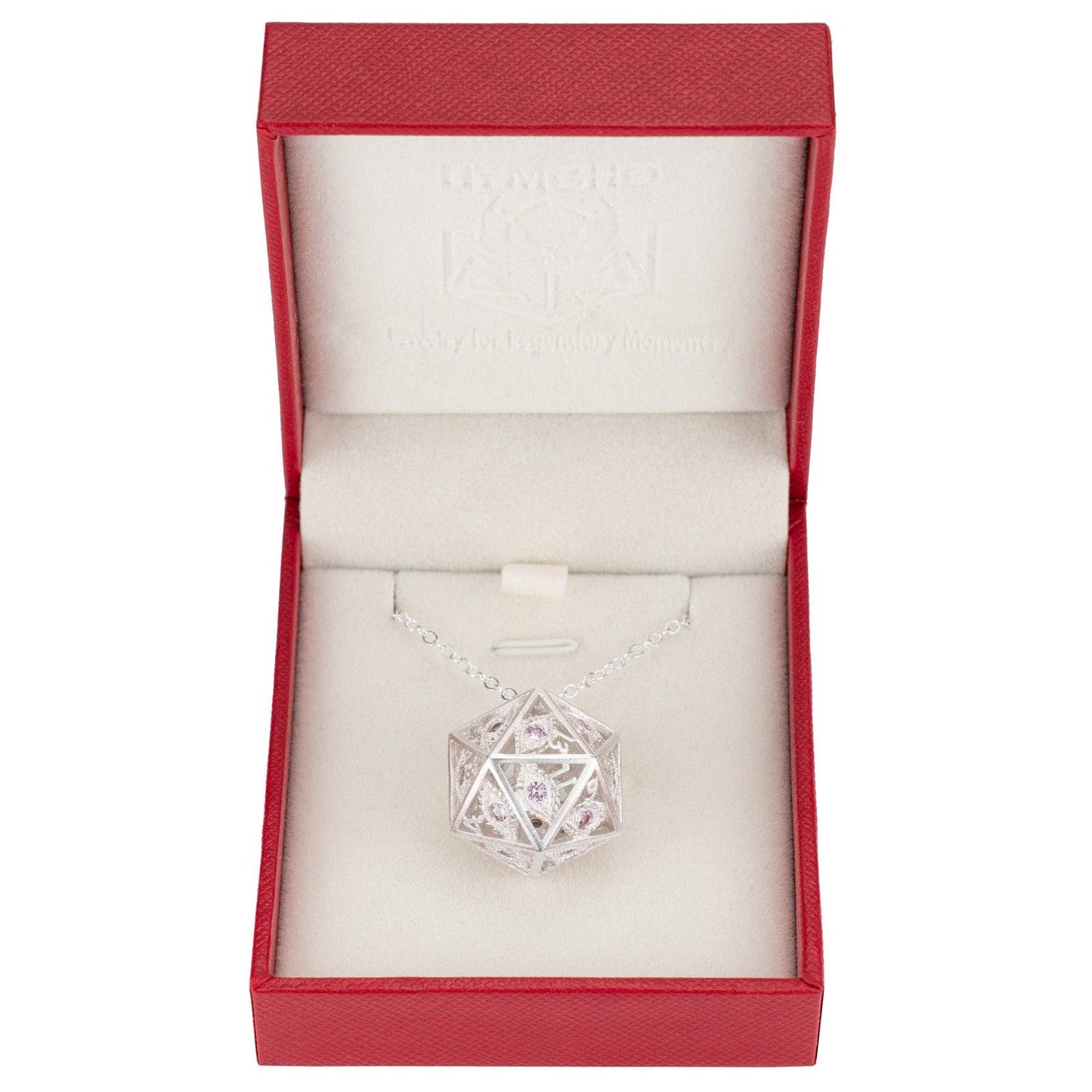 Dragon's Eye D20 Necklace - Silver with Pink Gems
