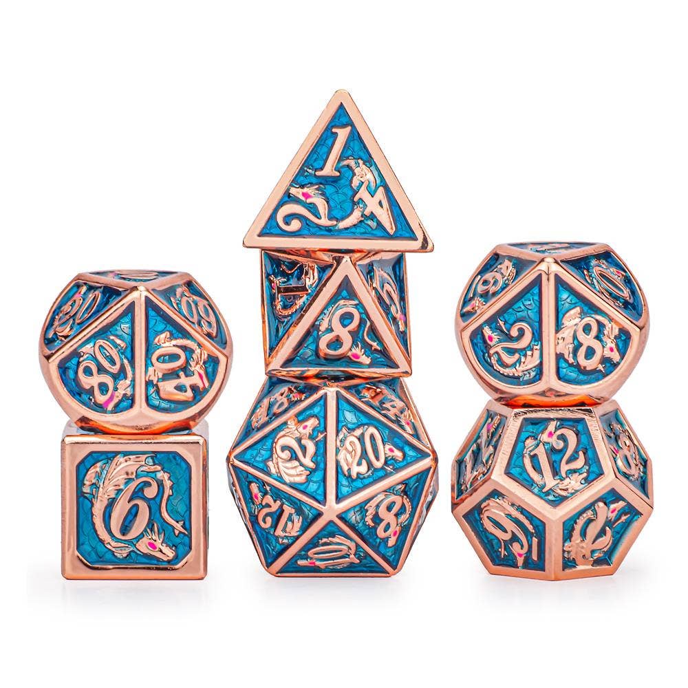 Copper with Light Blue Solid Metal Dragon Dice Set