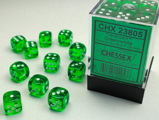 Chessex Dice Set: Translucent: Green/White 12mm d6 Dice Block (36 dice) : CHX23805