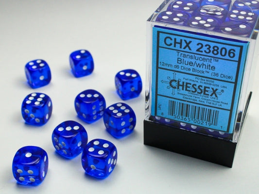 Chessex Dice Set: Translucent: Blue/White 12mm d6 Dice Block (36 dice) : CHX23806