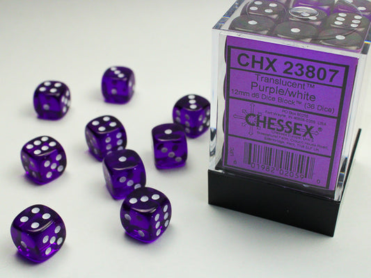 Chessex Dice Set: Translucent: Purple/White 12mm d6 Dice Block (36 dice) : CHX23807