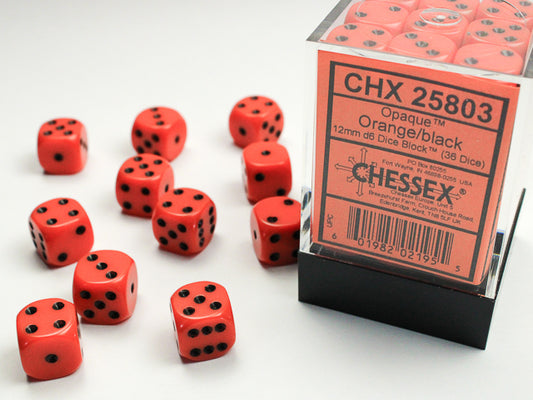 Chessex Dice Set: Opaque: Orange/Black 12mm d6 Dice Block (36 dice) : CHX25803