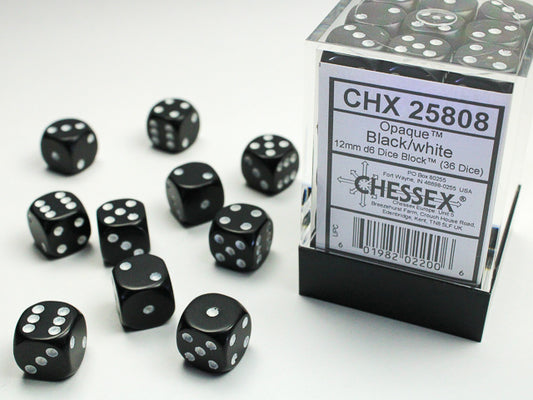 Chessex Dice Set: Opaque: Black/White 12mm d6 Dice Block (36 dice) : CHX25808