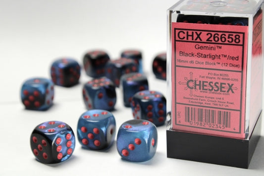 Chessex Dice Set: Gemini Black-Starlight/red 16mm d6 Dice Block (12 dice) : CHX26658