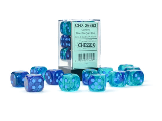 Chessex Dice Set: Gemini Blue-Blue/light blue Luminary 16mm d6 Dice Block (12 dice) : CHX26663