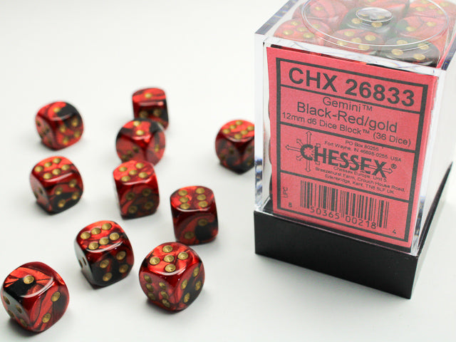 Chessex Dice Set: Gemini® Black-Red/gold 12mm d6 Dice Block (36 dice): CHX26833