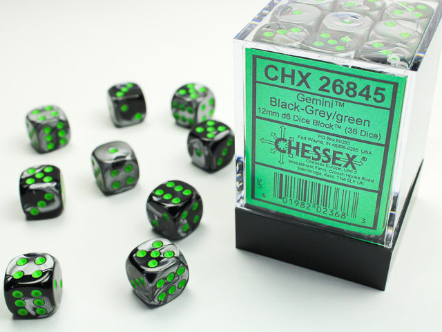 Chessex Dice Set: Gemini® Black-Grey/green 12mm d6 Dice Block (36 dice): CHX26845