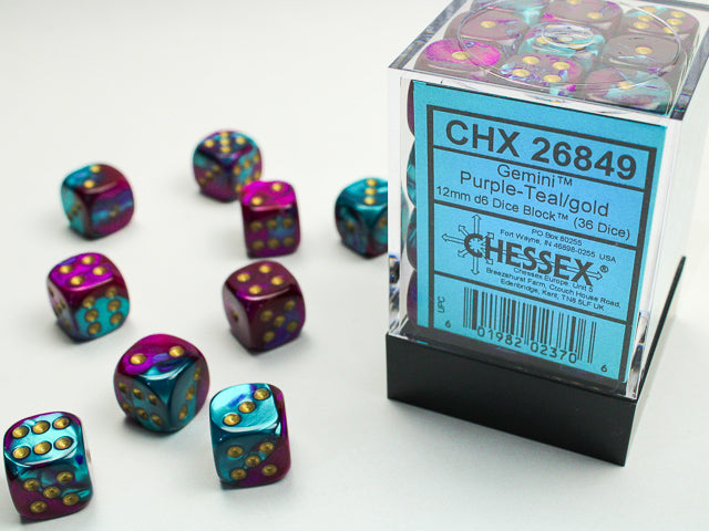 Chessex Dice Set: Gemini® Purple-Teal/gold 12mm d6 Dice Block (36 dice): CHX26849