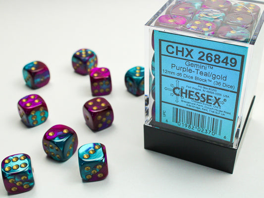 Chessex Dice Set: Gemini® Purple-Teal/gold 12mm d6 Dice Block (36 dice): CHX26849