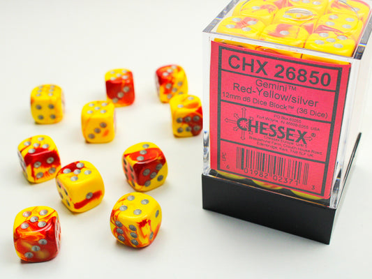 Chessex Dice Set: Gemini Red-Yellow/silver 12mm d6 Dice Block (36 dice) : CHX26850