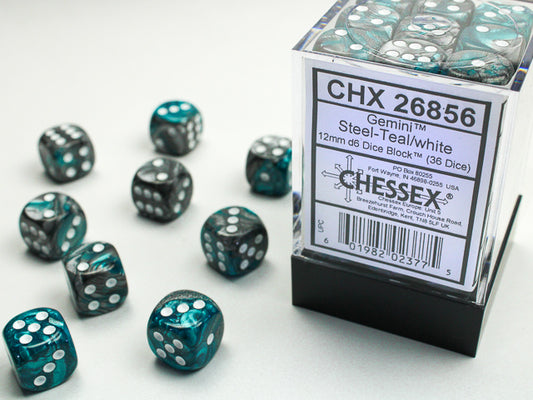 Chessex Dice Set: Gemini Steel-Teal/white 12mm d6 Dice Block (36 dice) : CHX26856