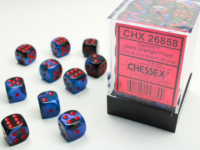 Chessex Dice Set: Gemini® Black-Starlight/red 12mm d6 Dice Block (36 dice): CHX26858