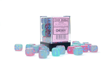 Chessex Dice Set:  Gemini Gel Green-Pink/blue Luminary 12mm d6 Dice Block (36 dice)CHX26864