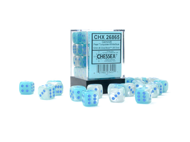 Chessex Dice Set: Gemini Pearl Turquoise-White/blue Luminary 12mm d6 Dice Block (36 dice) CHX26865