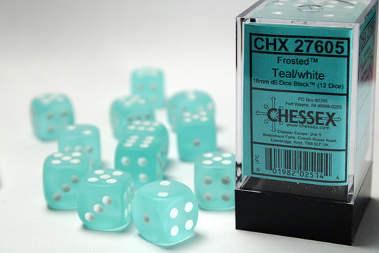 Chessex Dice Set: Frosted Teal/white 16mm d6 Dice Block (12 dice) : CHX27605