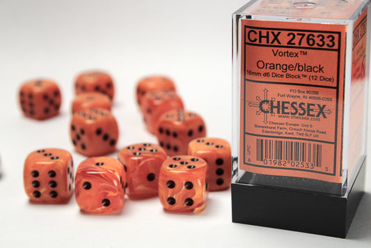 Chessex Dice Set: Vortex® Orange/black 16mm d6 Dice Block (12 dice) : CHX27633