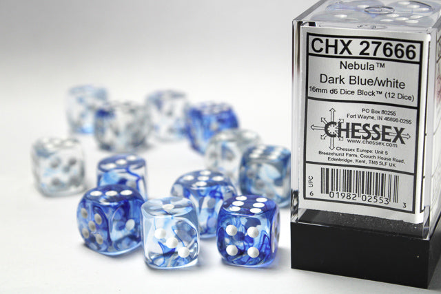 Chessex Dice Set: Nebula® Blue/white 16mm d6 Dice Block™ (12 dice) : CHX27666