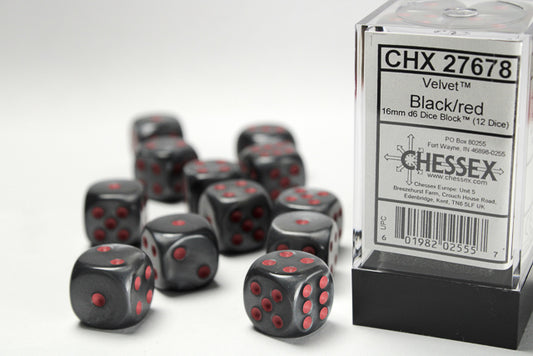 Chessex Dice Set: Velvet Black/red 16mm d6 Dice Block (12 dice) : CHX27678
