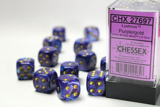 Chessex Dice Set: Lustrous Purple/gold 16mm d6 Dice Block (12 dice) : CHX27697