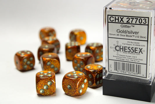 Chessex Dice Set: Glitter Gold/silver 16mm d6 Dice Block™ (12 dice) : CHX27703