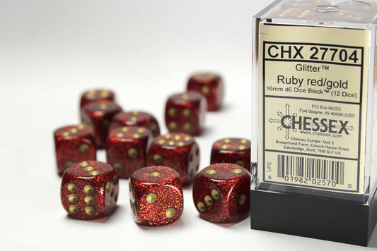 Chessex Dice Set: Glitter Ruby/gold 16mm d6 Dice Block™ (12 dice) : CHX27704