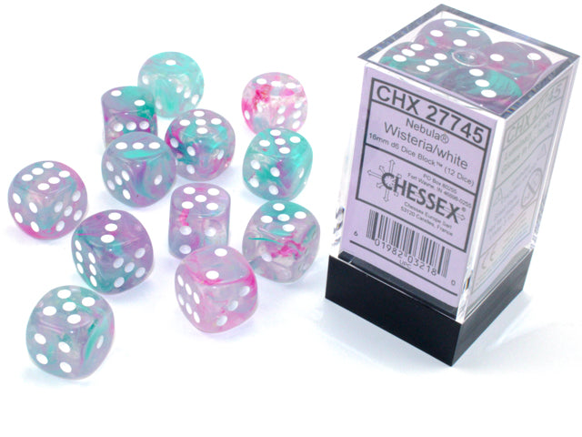 Chessex Dice Set: Nebula® Wisteria/white Luminary™ 16mm d6 Dice Block (12 dice): CHX27745