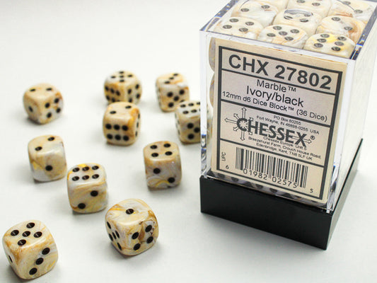 Chessex Dice Set: Marble Ivory/black 12mm d6 Dice Block (36 dice) : CHX27802