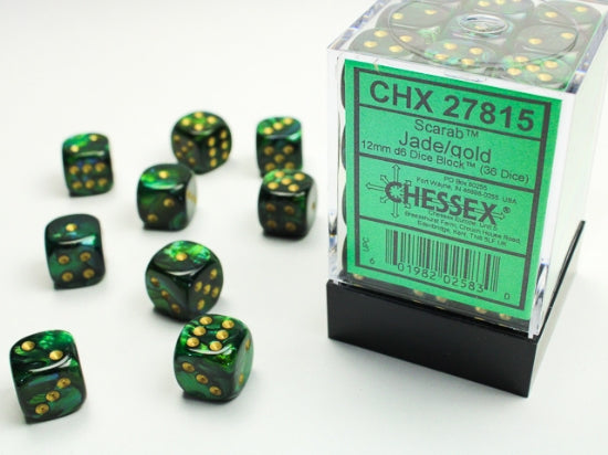 Chessex Dice Set: Scarab Jade/gold 12mm d6 Dice Block (36 dice) : CHX27815