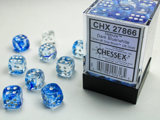 Chessex Dice Set: Nebula® Dark Blue/white 12mm d6 Dice Block (36 dice): CHX27866